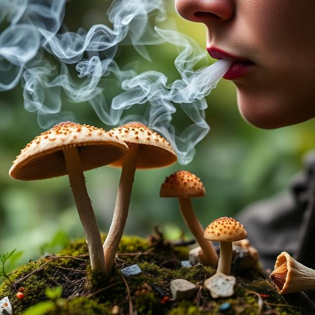 Person exhaling smoke over wild mushrooms growing on moss in a forest setting.